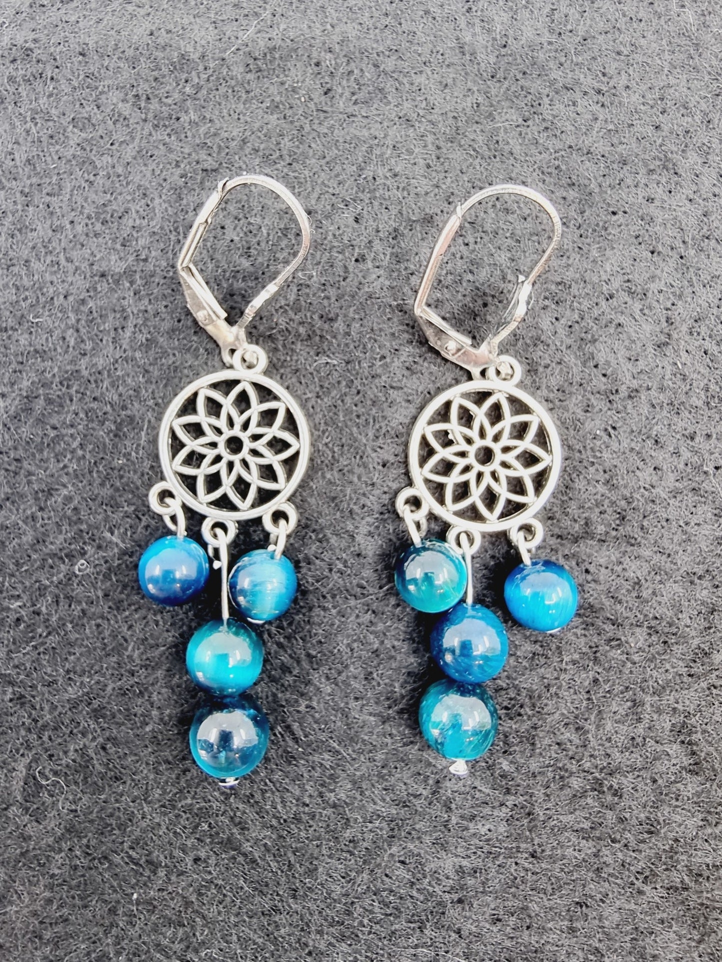 Boucles d'oreilles fleur de vie - Oeil du tigre bleu