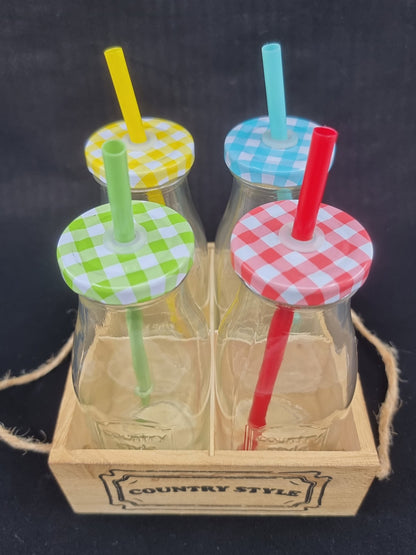 Cagette en bois avec 4 bouteilles avec couvercle et paille