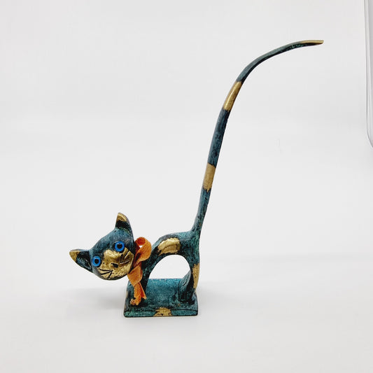 Porte-bagues chat avec noeud en bronze bleu (Modèle n°40)