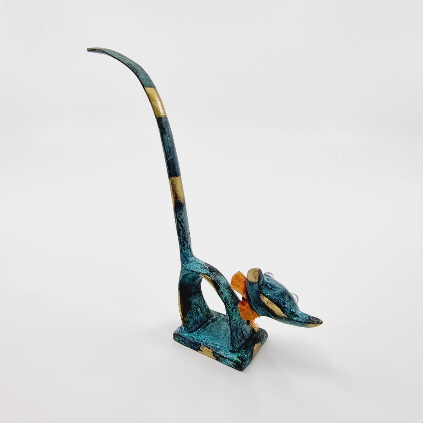 Porte-bagues chat avec noeud en bronze bleu (Modèle n°40)