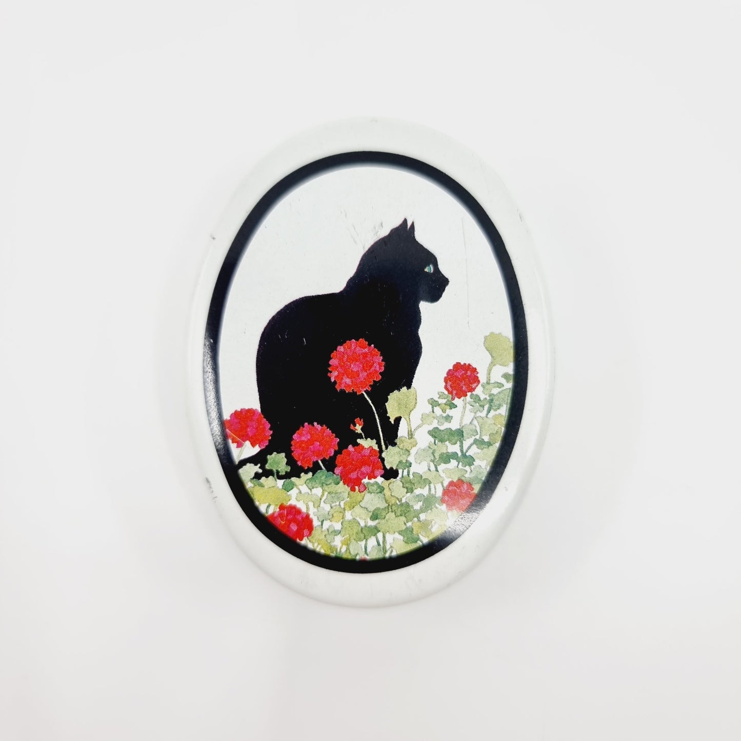 Petite boîte en métal - Chat noir avec fleurs rouge (Modèle n°46)
