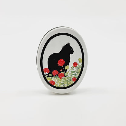 Petite boîte en métal - Chat noir avec fleurs rouge (Modèle n°46)