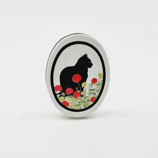Petite boîte en métal - Chat noir avec fleurs rouge (Modèle n°46)