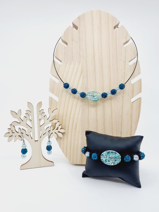 Collier cerceau, bracelet & boucles d'oreilles - perles nuance de bleu