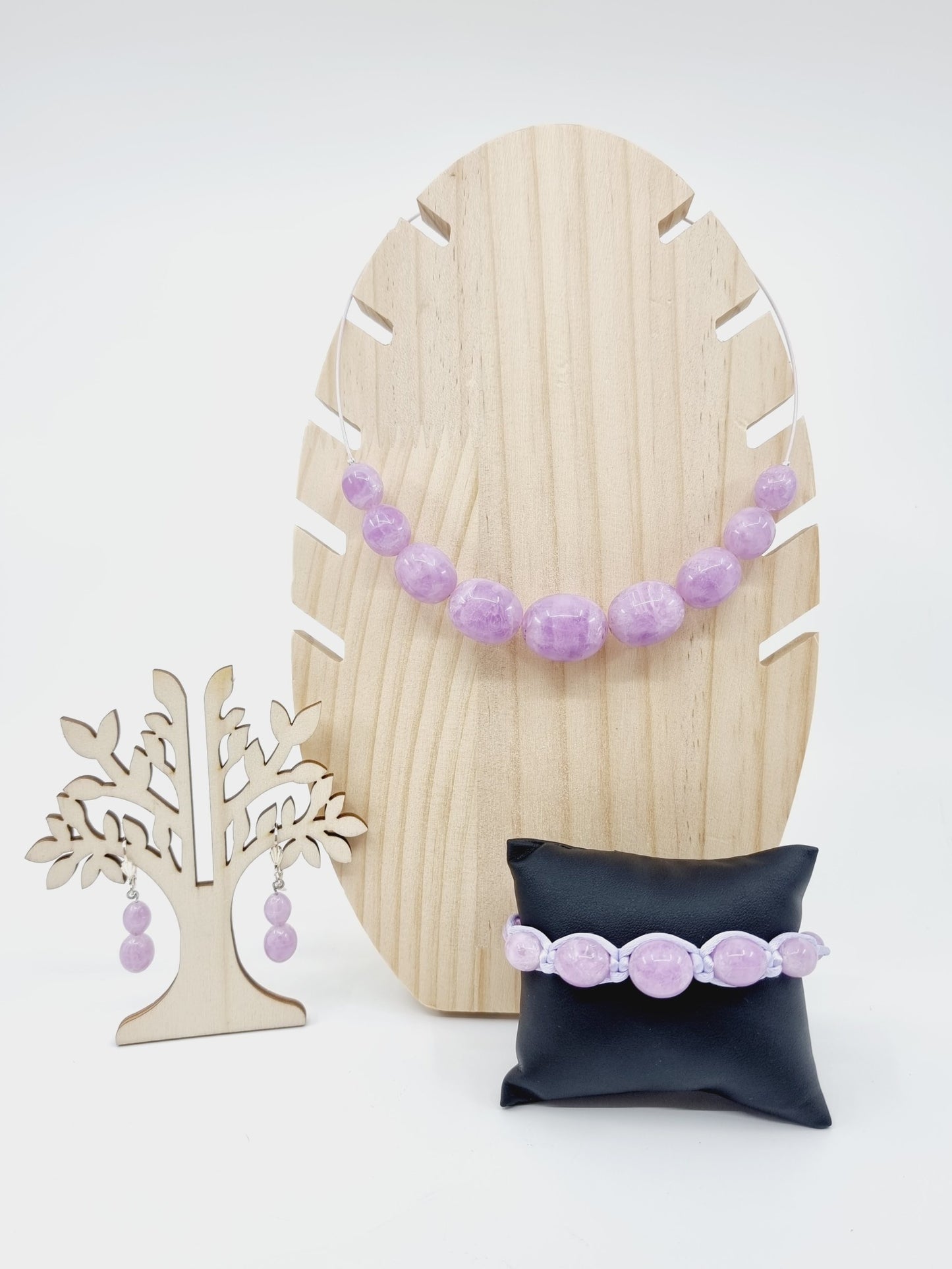 Collier cerceau, bracelet & boucles d'oreilles - perles couleur parme