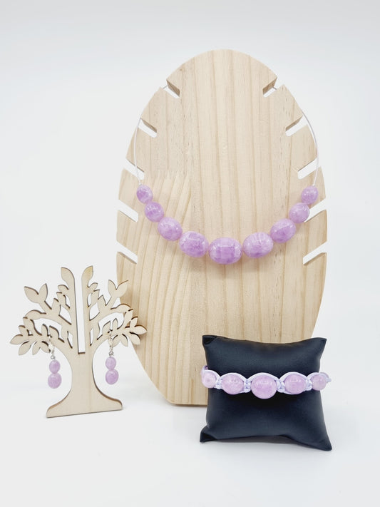 Collier cerceau, bracelet & boucles d'oreilles - perles couleur parme