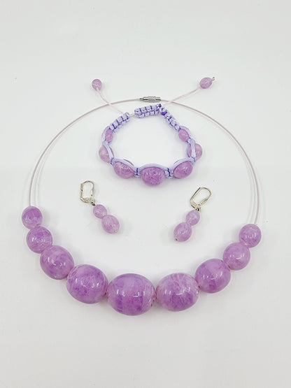 Collier cerceau, bracelet & boucles d'oreilles - perles couleur parme