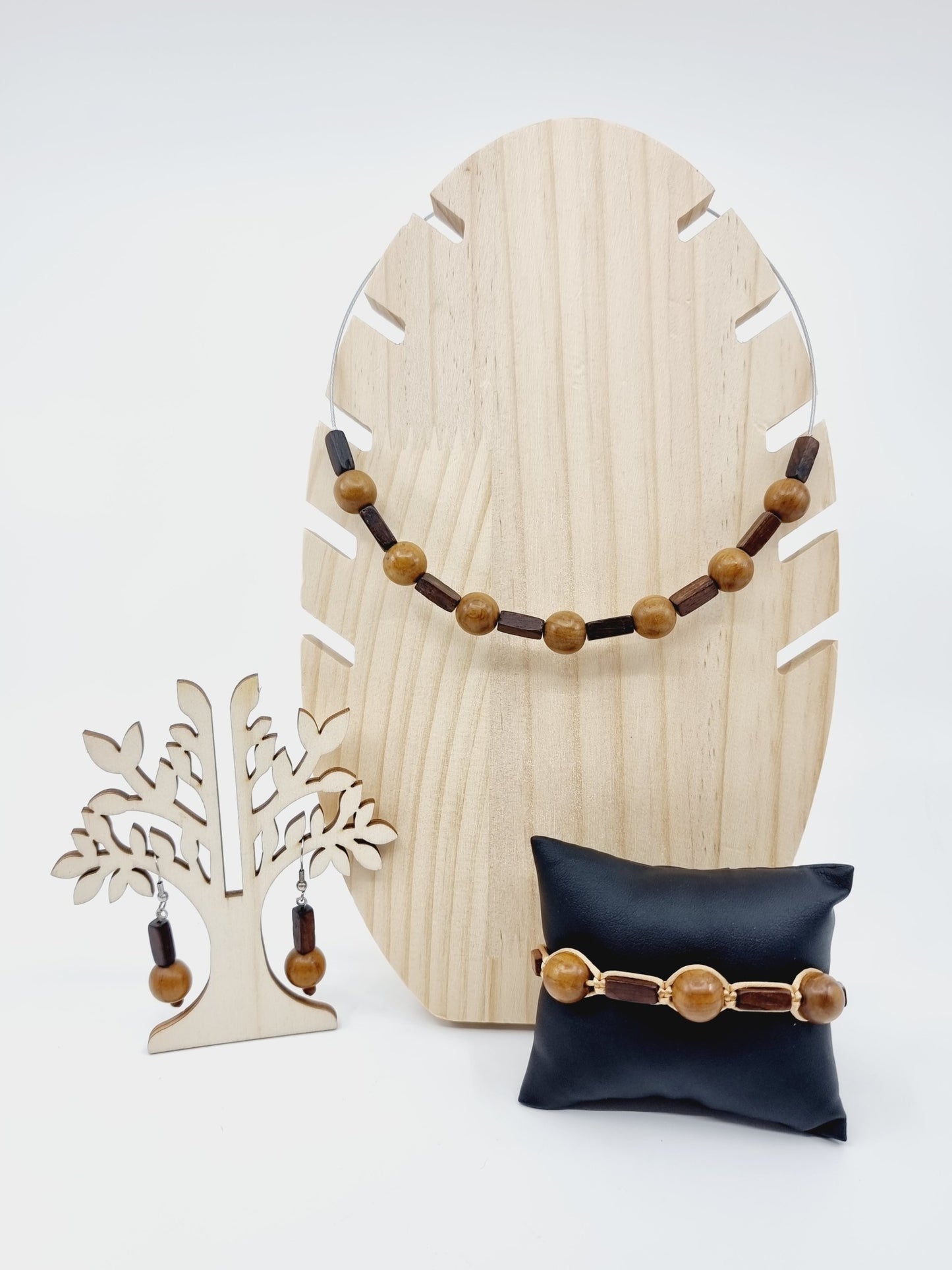 Collier cerceau, bracelet & boucles d'oreilles - perles en bois