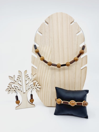 Collier cerceau, bracelet & boucles d'oreilles - perles en bois