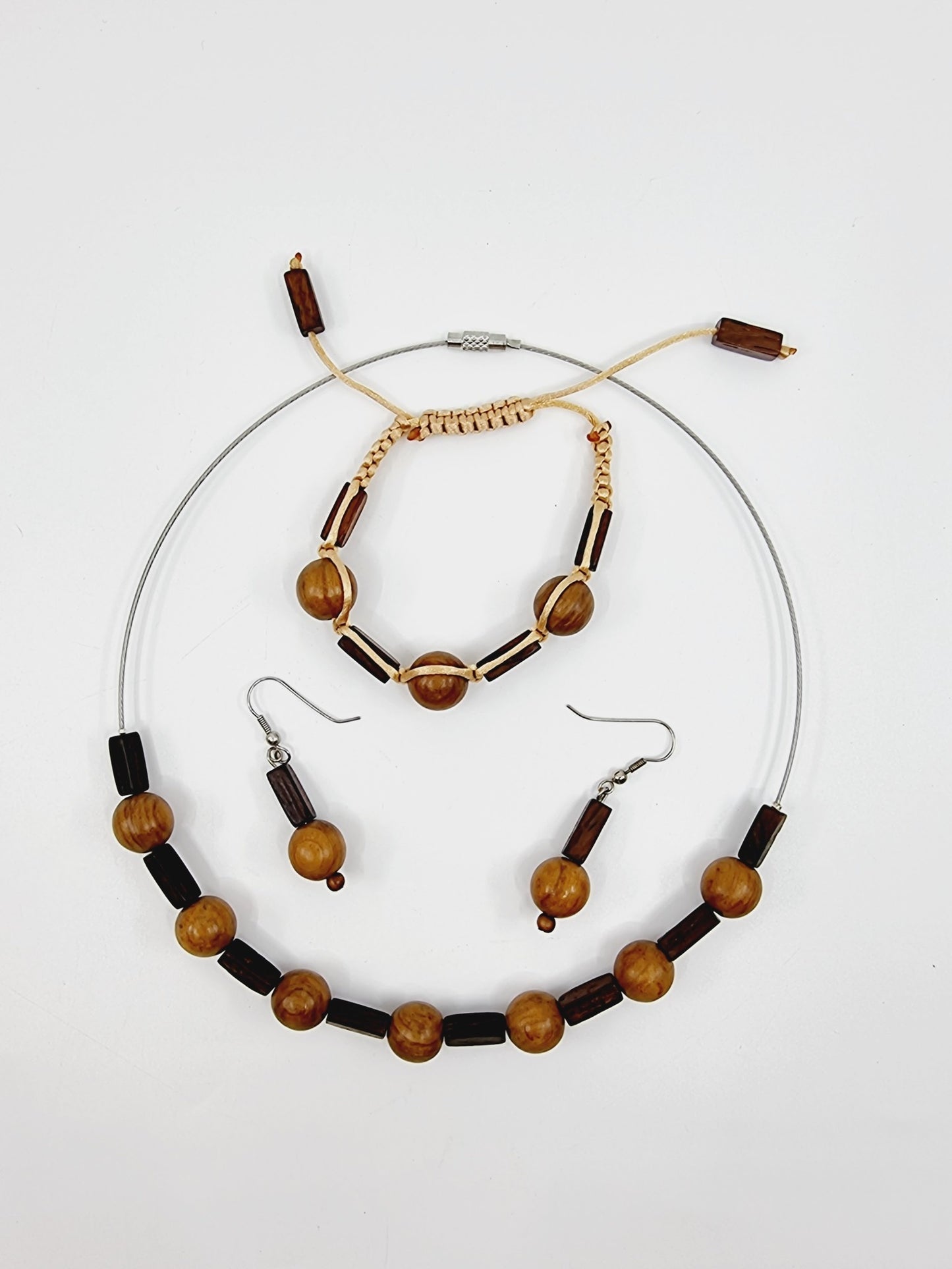 Collier cerceau, bracelet & boucles d'oreilles - perles en bois