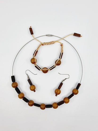 Collier cerceau, bracelet & boucles d'oreilles - perles en bois