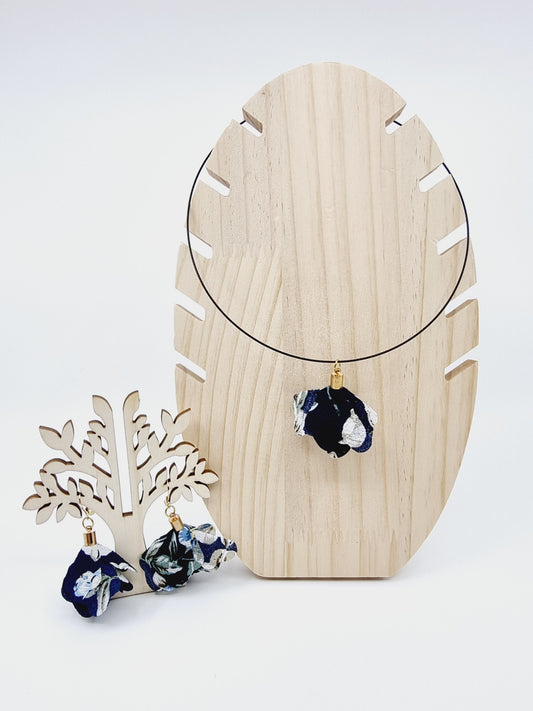 Collier cerceau noir & boucles d'oreille - fleur en tissu