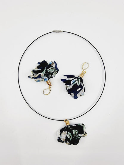 Collier cerceau noir & boucles d'oreille - fleur en tissu