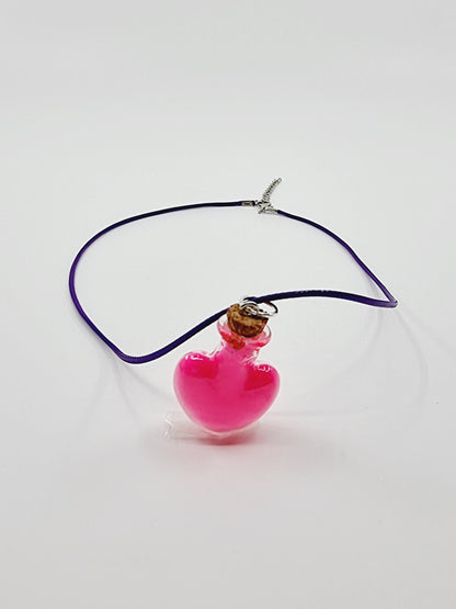 Collier fiole - coeur rose fluo