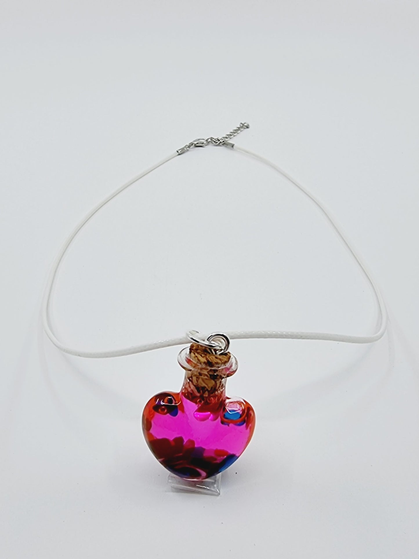 Collier fiole - coeur rose avec paillettes