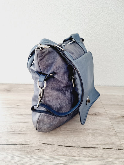 Sac épaule en cuir bleu/gris