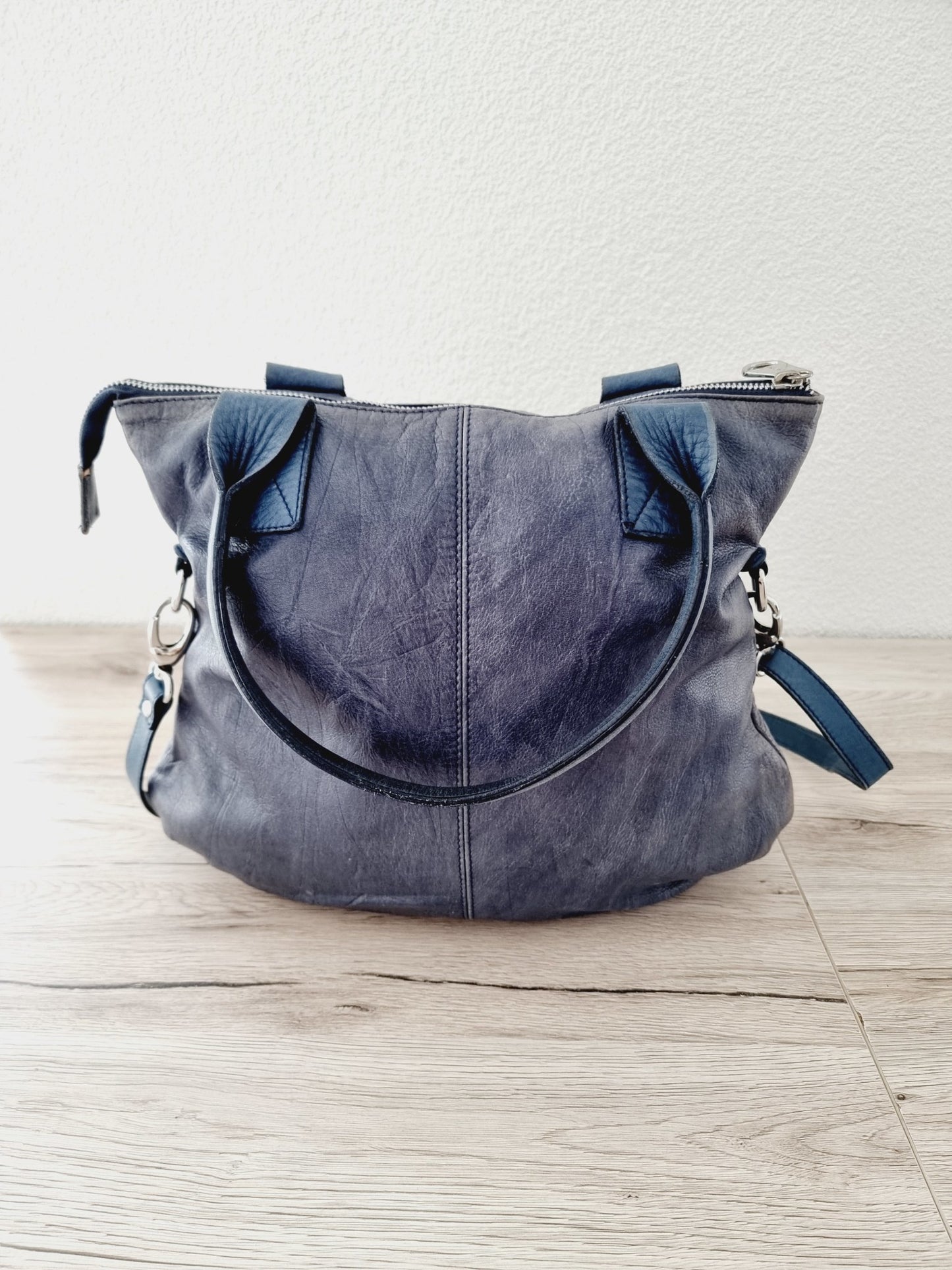 Sac épaule en cuir bleu/gris