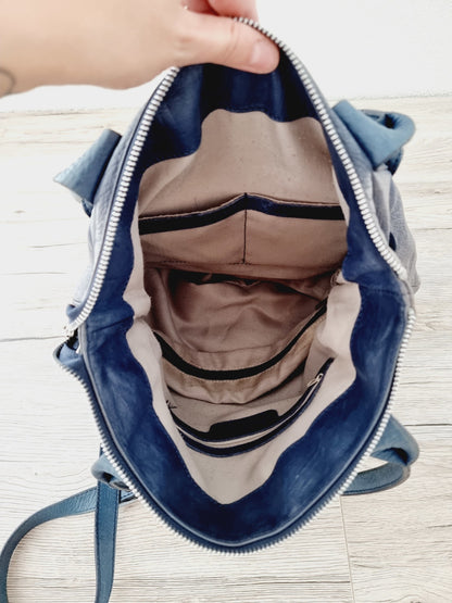 Sac épaule en cuir bleu/gris