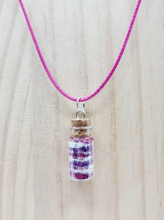 Collier fiole - paillettes nuances violet/rose/blanc