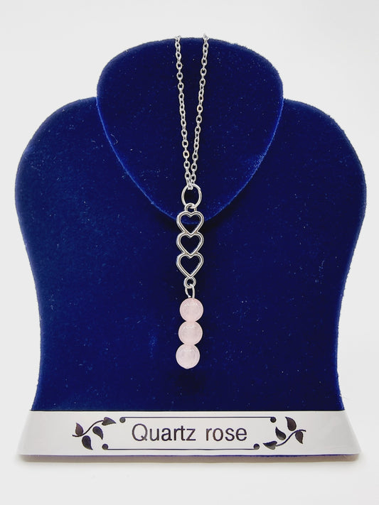 Collier trio de coeurs - Quartz rose