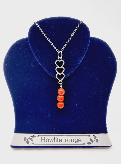 Collier trio de coeurs - Howlite rouge