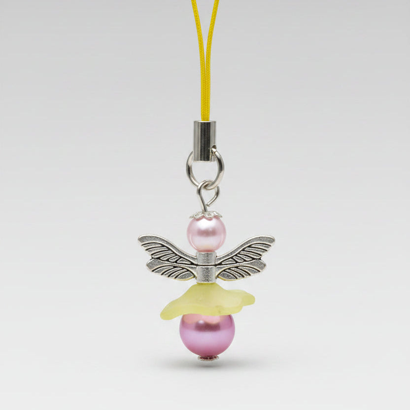 Pendentif ange protecteur – Libellule rose et jaune