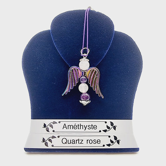 Ange porte-bonheur grand - Quartz rose et améthyste