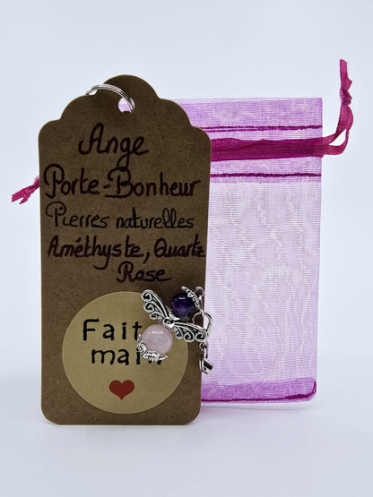 Ange porte-bonheur - Améthyste et Quartz rose libellule