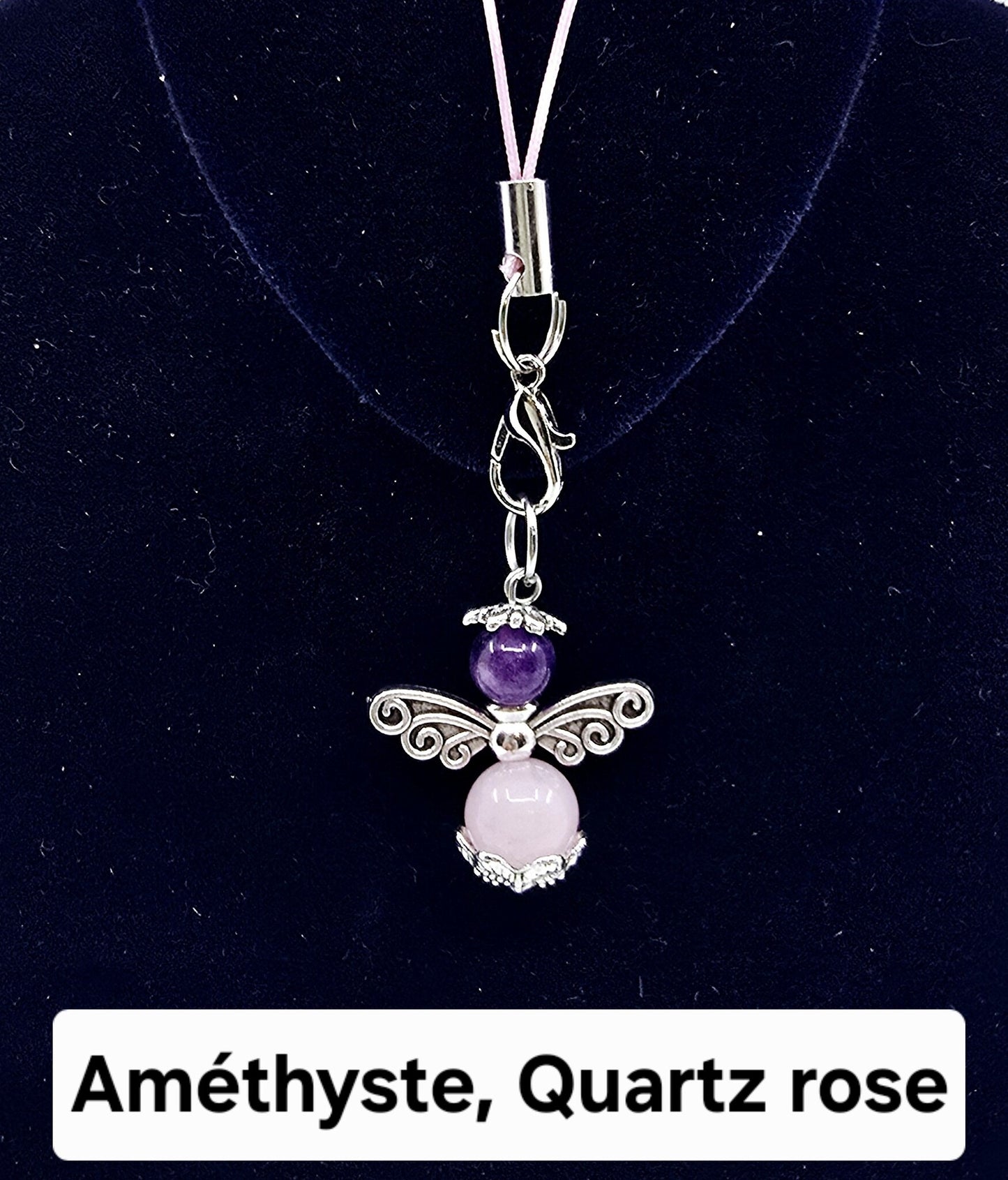 Ange porte-bonheur - Améthyste et Quartz rose libellule