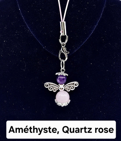 Ange porte-bonheur - Améthyste et Quartz rose libellule