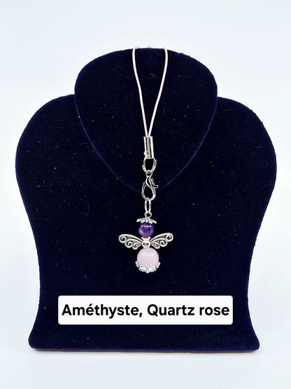 Ange porte-bonheur - Améthyste et Quartz rose libellule