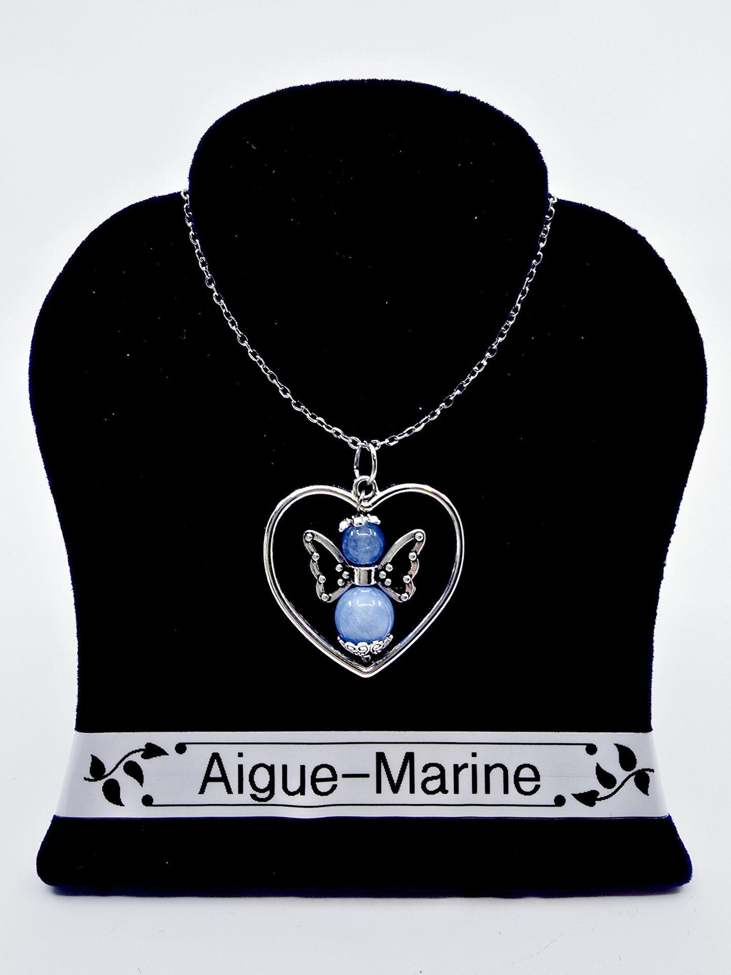 Collier coeur ange porte-bonheur - Aigue-marine