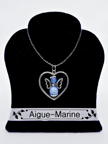 Collier coeur ange porte-bonheur - Aigue-marine