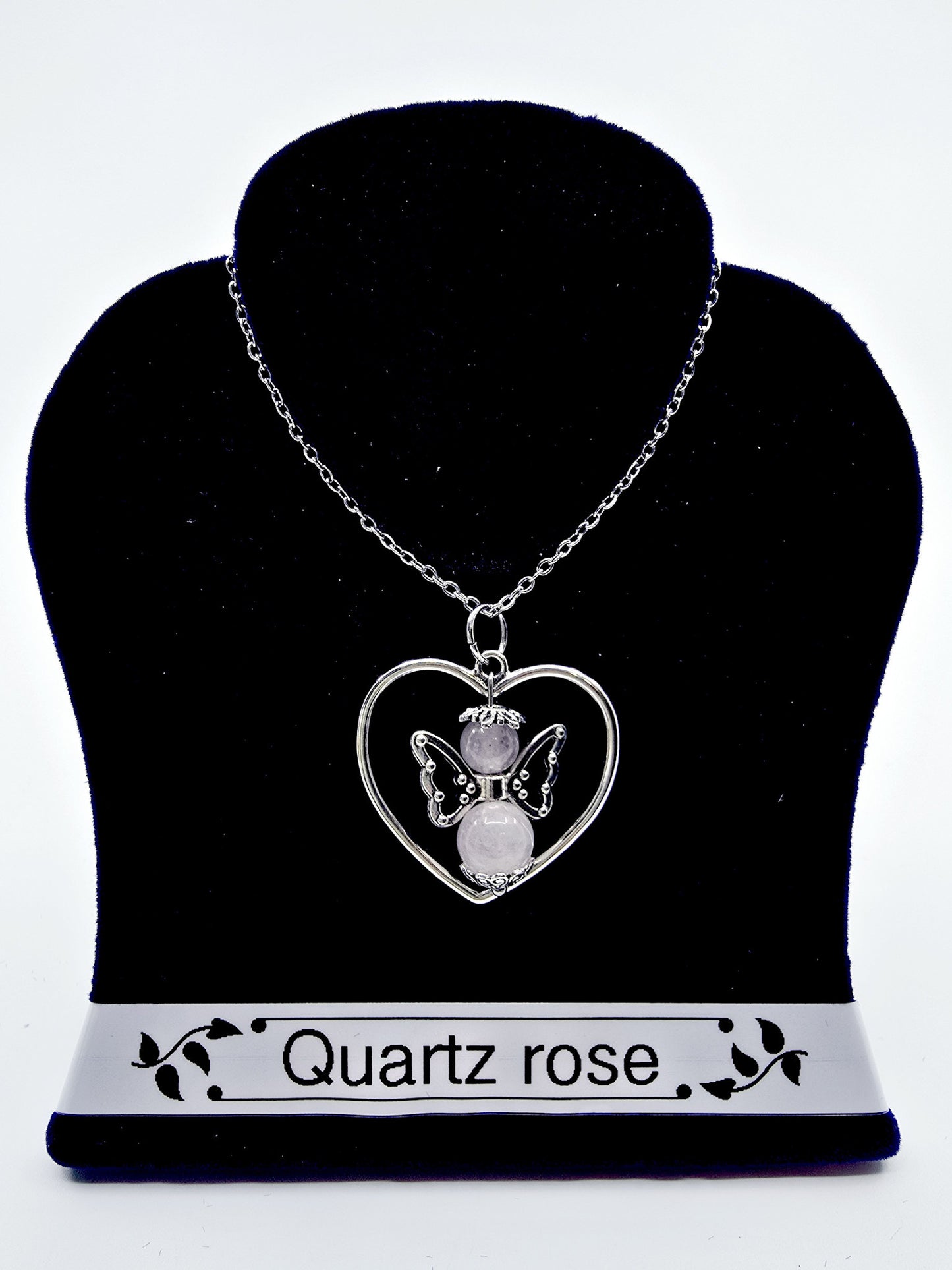 Collier coeur ange porte-bonheur - Quartz rose