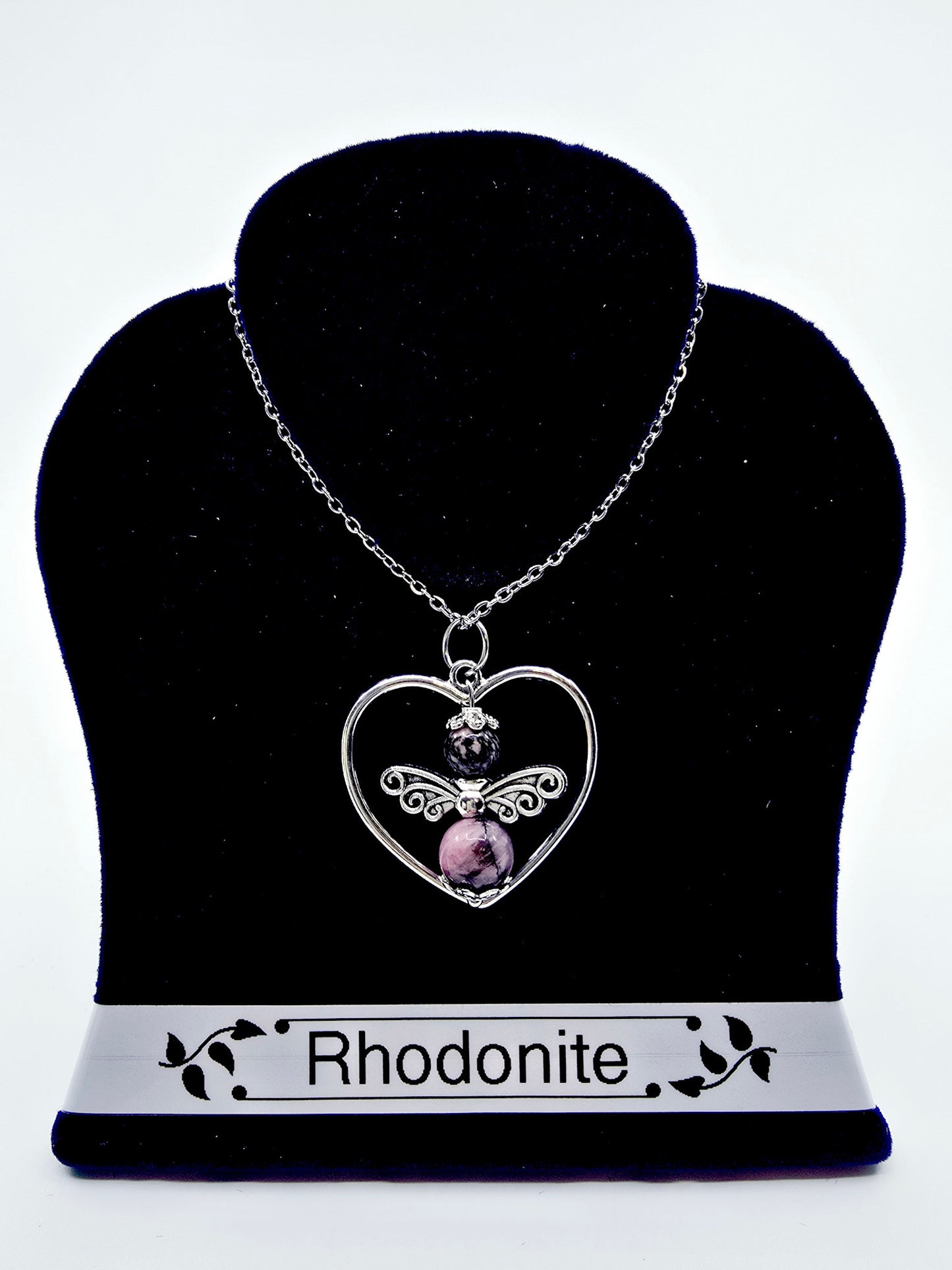 Collier coeur ange porte-bonheur - Rhodonite