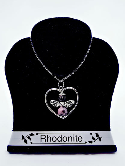 Collier coeur ange porte-bonheur - Rhodonite