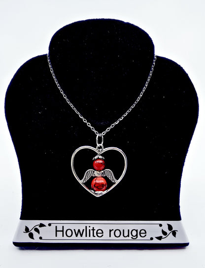 Collier coeur ange porte-bonheur - Howlite rouge