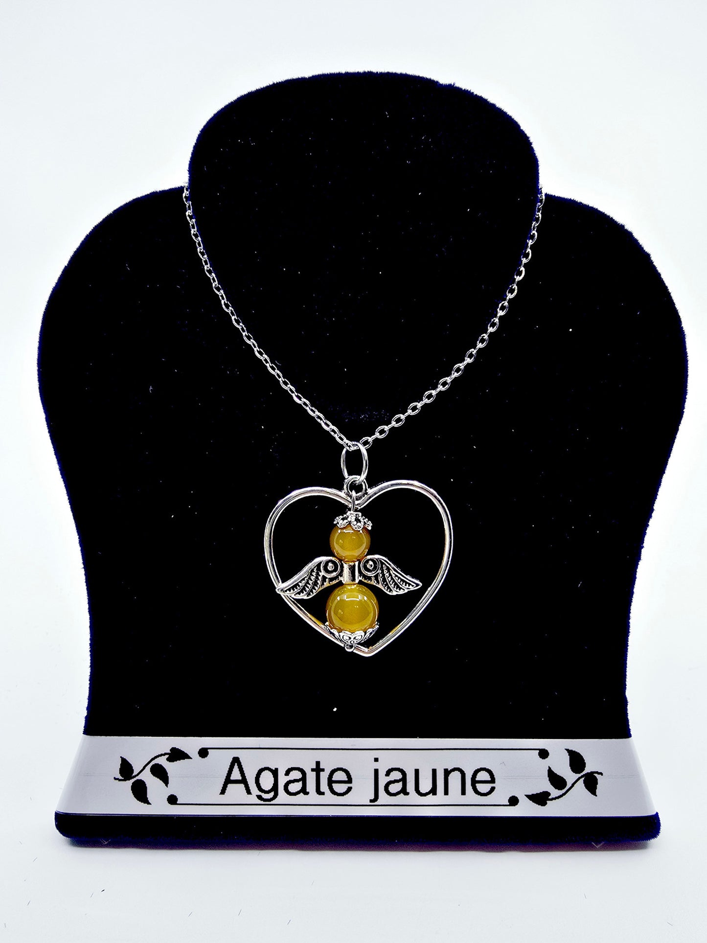 Collier coeur ange porte-bonheur - Agate jaune