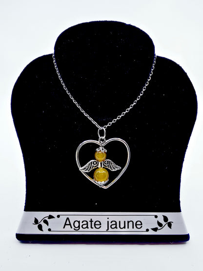 Collier coeur ange porte-bonheur - Agate jaune