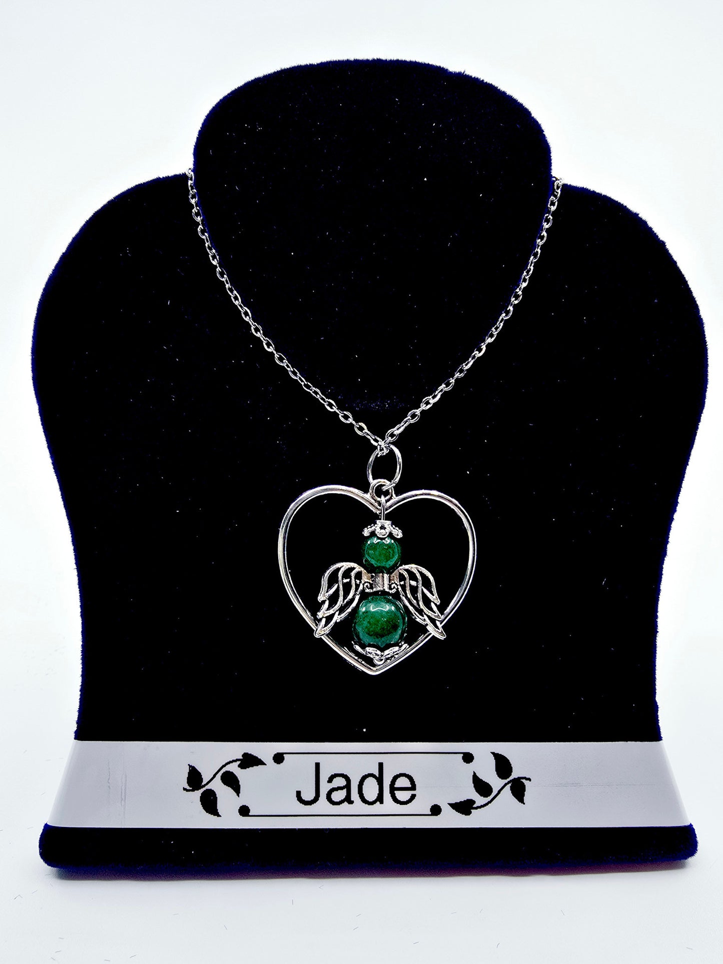 Collier coeur ange porte-bonheur - Jade vert