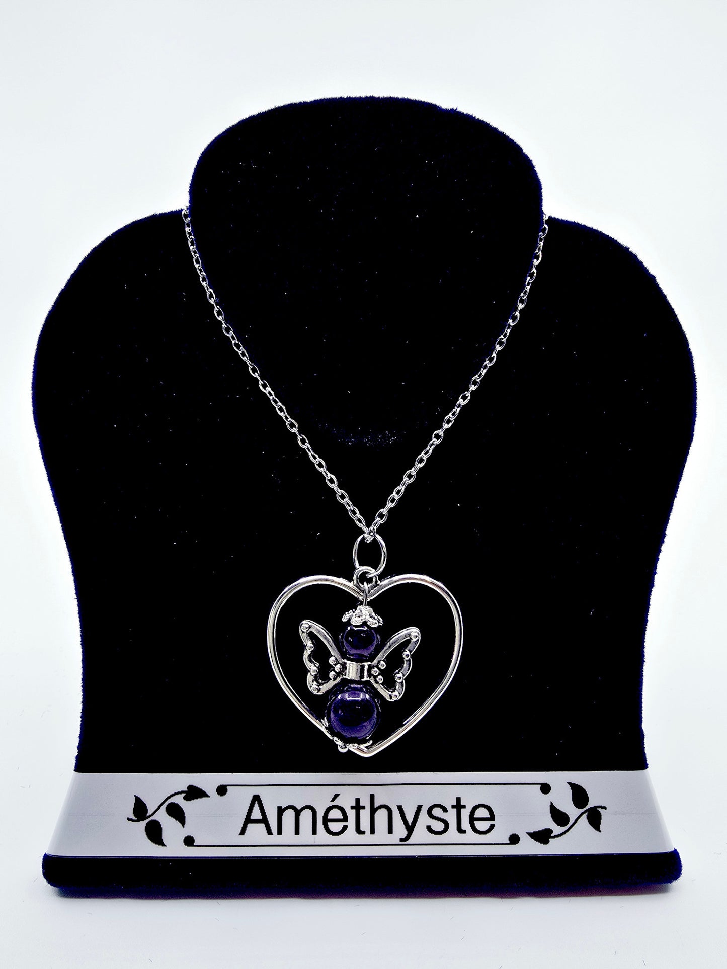 Collier coeur ange porte-bonheur - Améthyste