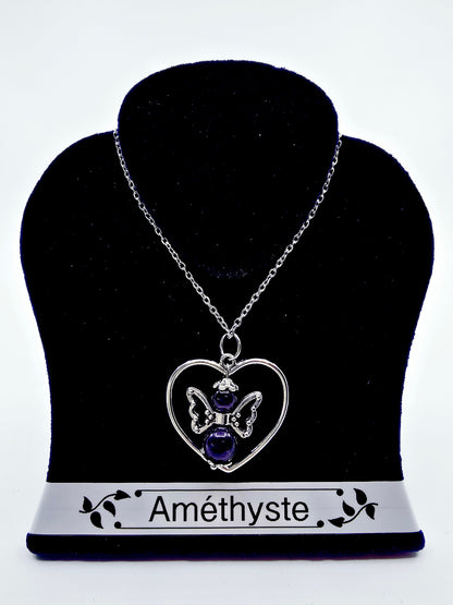 Collier coeur ange porte-bonheur - Améthyste