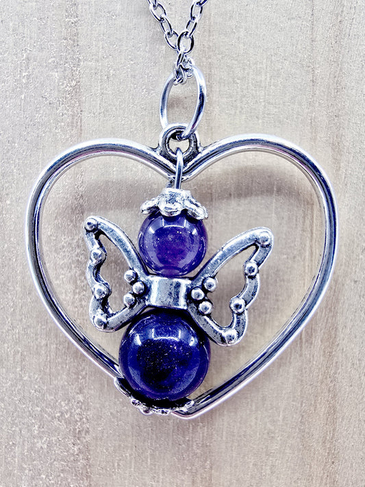 Collier coeur ange porte-bonheur - Améthyste