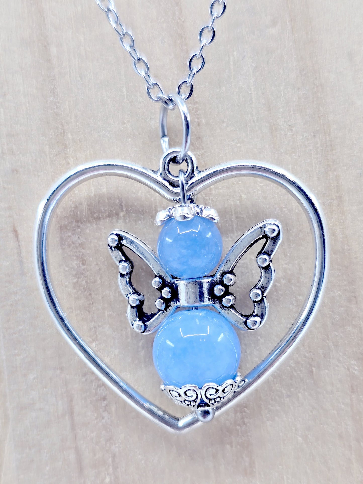 Collier coeur ange porte-bonheur - Aigue-marine