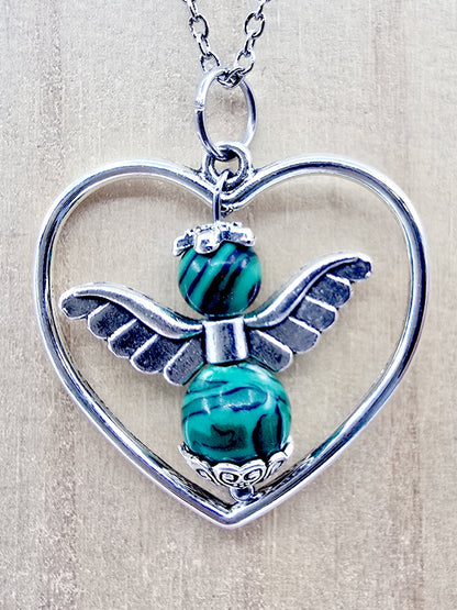 Collier coeur ange porte-bonheur - Malachite