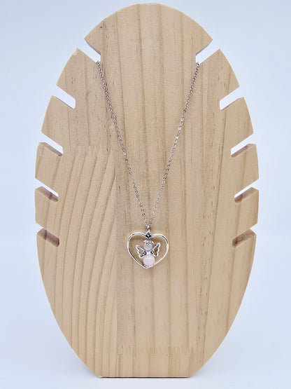 Collier coeur ange porte-bonheur - Quartz rose