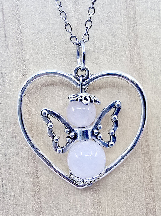Collier coeur ange porte-bonheur - Quartz rose