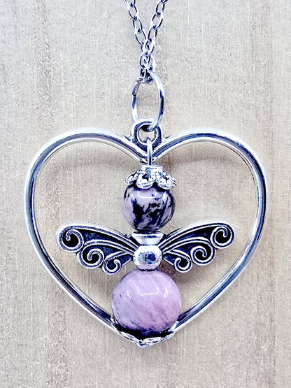 Collier coeur ange porte-bonheur - Rhodonite