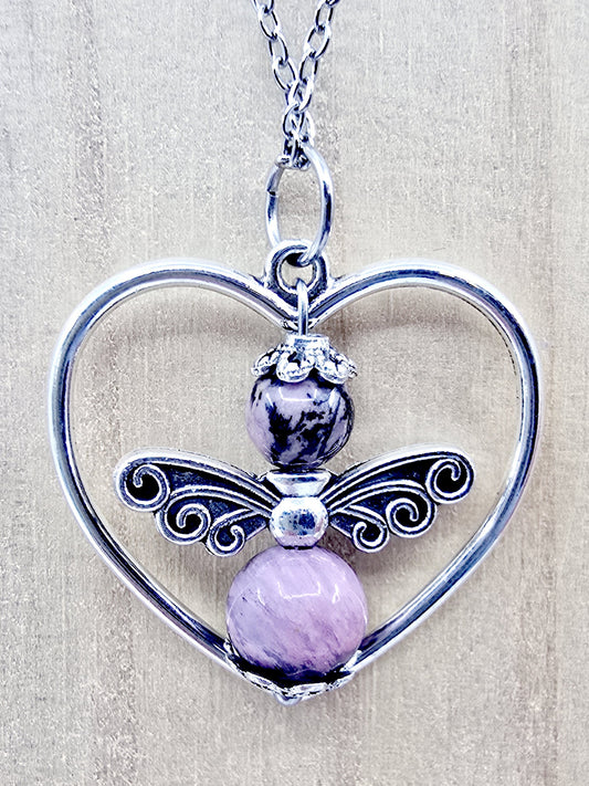 Collier coeur ange porte-bonheur - Rhodonite