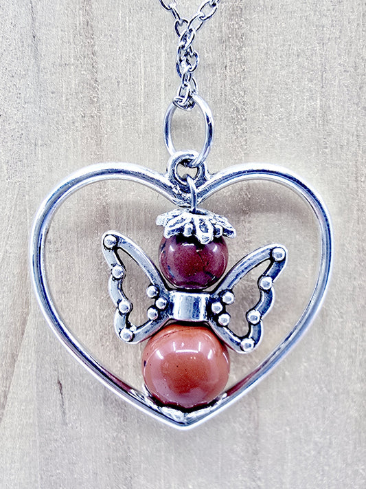 Collier coeur ange porte-bonheur - Jaspe rouge